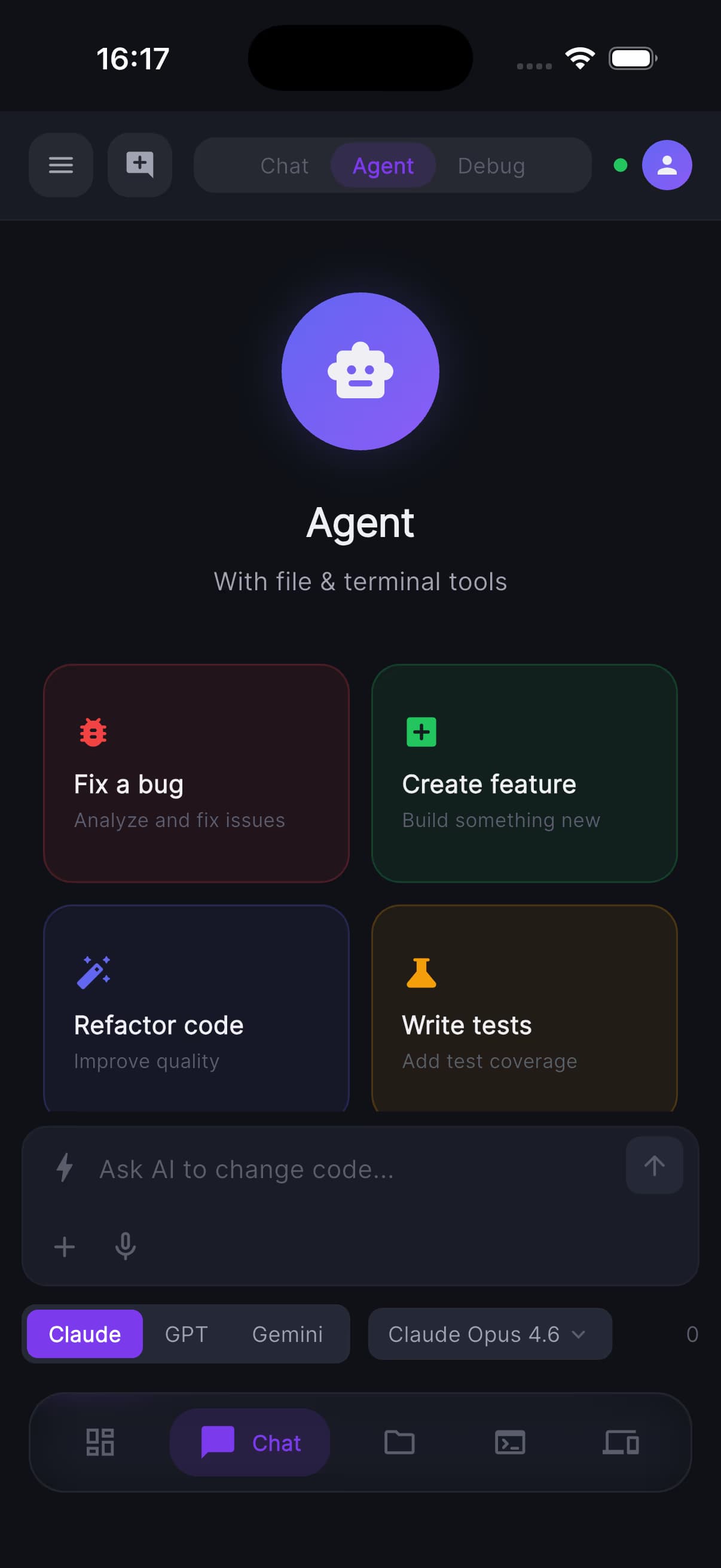 MiraBridge mobile app β Live agent activity and tool calls.